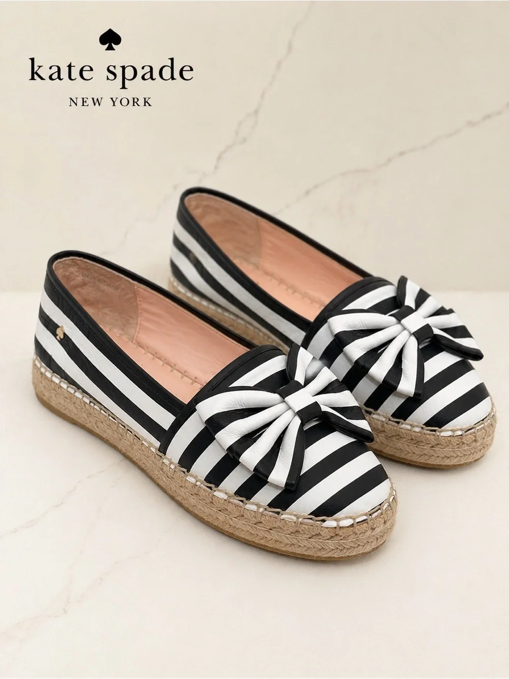 Kate Spade New York Black & White Striped Bow Espadrille Flats Size 7.5